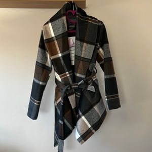 Chicwish Women’s Turn Down Shawl Coat-plaid NEW